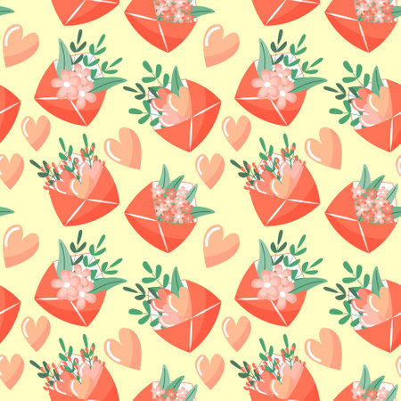 Seamless pattern, cute pink envelopes with hearts, flowers and branches with leaves on a gentle background. Textile, cover, holiday decorのイラスト素材
