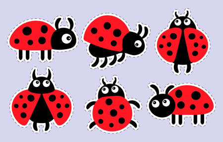 Set of stickers for kids, drawn funny cute ladybugs. Decor for decoration of holidays, birthday partyのイラスト素材