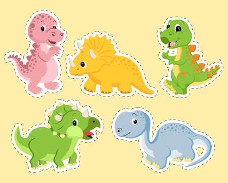 A set of stickers for children, drawn funny cute baby dinosaurs. Decor for decoration of holidays, birthday partyのイラスト素材