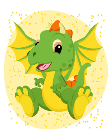 Children's illustration, cute cheerful green dinosaur with yellow wings on an abstract background. Card for kids, decor for children's partiesのイラスト素材