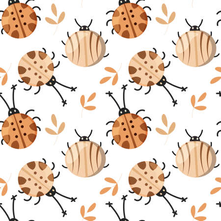 Seamless pattern, painted cute ladybugs and leaves in beige shades. Textile, print, children's decorのイラスト素材