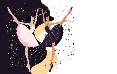 Illustration, a pair of dancing ballerinas in an elegant pose on an abstract contrasting background. Poster for dance lessons, text backgroundのイラスト素材