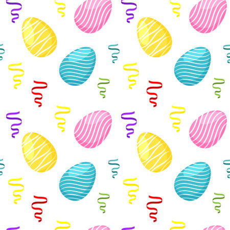 Seamless pattern, painted Easter eggs and colorful serpentine on a white background. Pastel colors. Textile, paper, holiday decorのイラスト素材