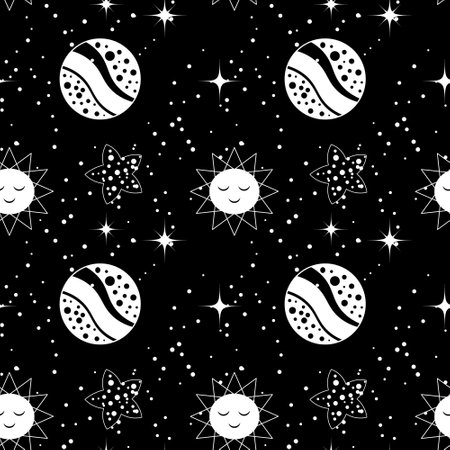 Seamless pattern, planets, sleeping sun, scattering of stars on a black background. textile, wallpaper, print, coverのイラスト素材
