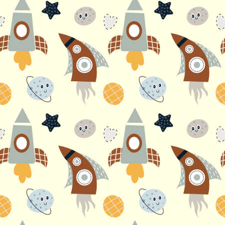 Seamless pattern for kids, rockets, planets and stars in pastel colors in boho style. Print, textile, bedroom decor, coverのイラスト素材