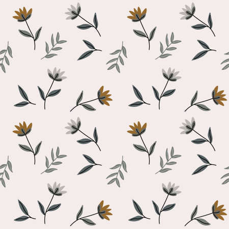 Seamless pattern, print, delicate gray-beige flowers and branches with leaves on a beige background. Textiles, wallpaper, bed linen.のイラスト素材