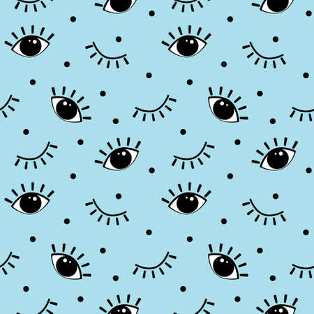 Seamless pattern, cute funny eyes and eyelashes on a blue background. Decor for children, textiles, paper, coverのイラスト素材
