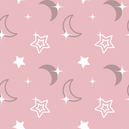 Seamless pattern, cute white stars and a gray moon on a pink background. Decor for children, textiles, coverのイラスト素材
