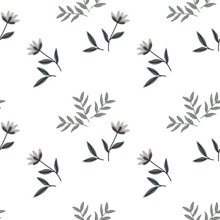Seamless pattern, small delicate gray flowers and branches with leaves on a gentle background....