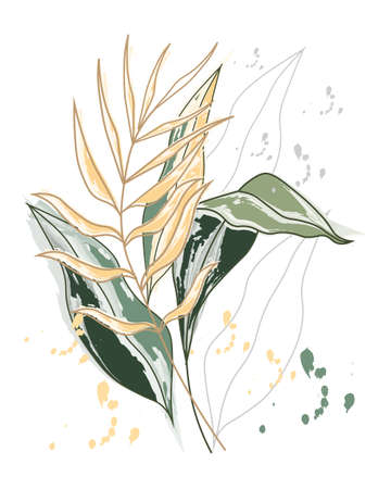 Wall art, delicate golden and green watercolor leaves and contour leaves on a white background. Line art, poster, postcardのイラスト素材