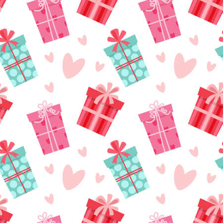 Seamless pattern, cute gift boxes and hearts, pink and green color on a white background. Print,...