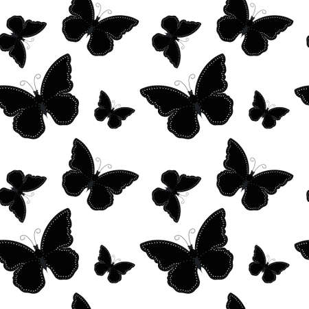 Seamless pattern, black butterflies with white dots on a white background. Textile, wallpaper, print, bedroom decor, coverのイラスト素材