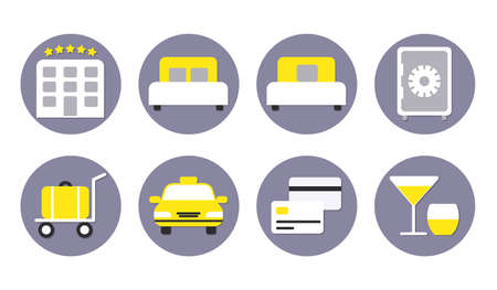 Set of icons for hotel business, hotel, taxi, hotel rooms, bank cards, safe and others. White, gray and yellow. Vector iconsのイラスト素材