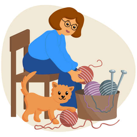 Illustration Knitting, a woman in glasses sorts out balls of yarn in a basket and a ginger cat playing with a ball of yarn. Print, posterのイラスト素材