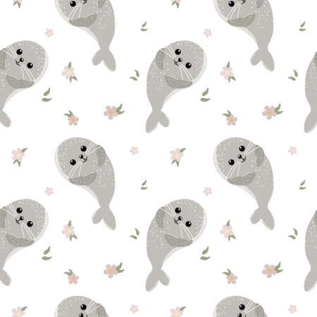Seamless pattern, cute gray baby whales and delicate pink flowers on a white background. Children's textiles, print, kids bedroom decor, coverのイラスト素材