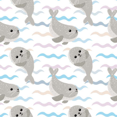 Seamless pattern, cute baby whales and sea waves on a white background. Children's textiles, print, kids bedroom decor, coverのイラスト素材