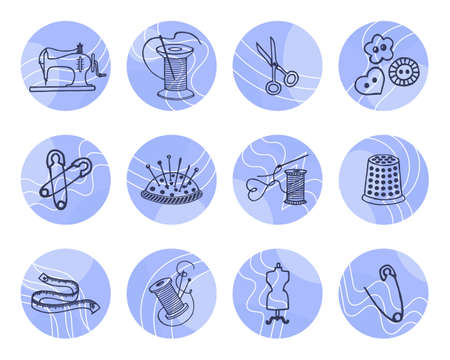 Sewing icons set, sewing machine, thread with needles, thimble, meter, needle pad on abstract lilac round shapes. Vector elements.のイラスト素材