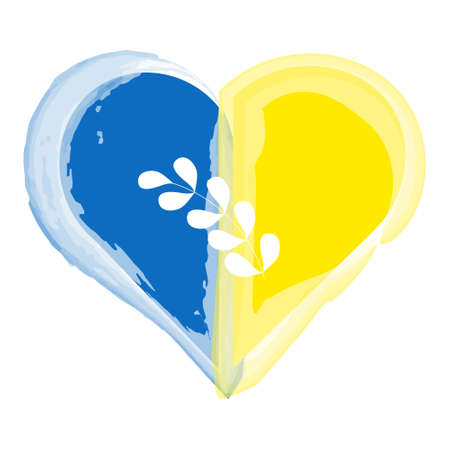 Illustration, blue and yellow watercolor heart and white olive branch, flag symbol of Ukraine. Banner, poster, iconのイラスト素材