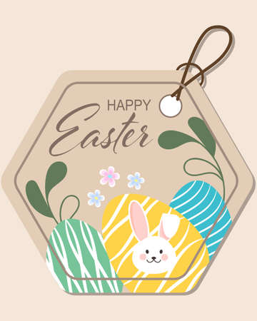 Easter decor, cute bunny, painted eggs, flowers and an inscription on a beige background. Illustration in the form of a sticker with a ribbon, postcardのイラスト素材