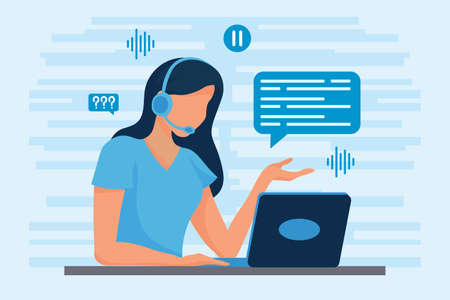 Illustration, a woman in headphones works at a computer online, leads a webinar
, answers calls. Blue colors. Design for marketingのイラスト素材