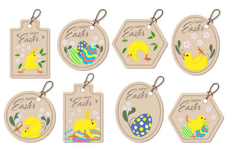 Set of stickers, labels for Easter. Cheerful cute chickens, colored eggs and flowers on beige forms. Holiday decor, vectorのイラスト素材