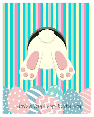 Illustration for Easter, a funny bunny stands backwards and takes out painted Easter eggs, a striped background of pastel colors. Print, children's holiday cardのイラスト素材
