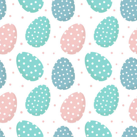 Easter seamless pattern, painted eggs with polka dots in pastel colors on a white background. Festive decor, print, textile, coverのイラスト素材