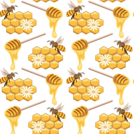 Honey seamless pattern, honeycombs, bees and honey, yellow-brown colors on a white background. Print, textile, vectorのイラスト素材