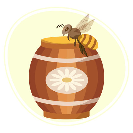 Illustration, honey and beekeeping, a barrel of honey and a bee. Brown-gold colors. Icon, print, vectorのイラスト素材
