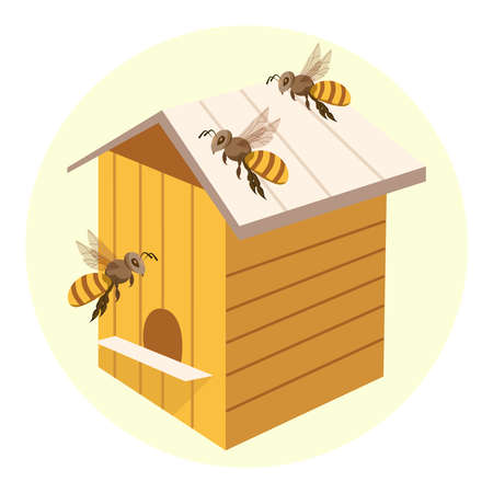 Illustration, honey and beekeeping, wooden beehive and bees. Brown-gold colors. Icon, print, vectorのイラスト素材