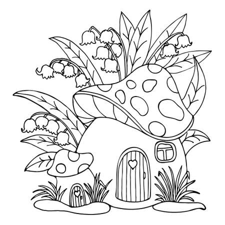 Sketch, hand drawn magic house mushrooms and lily of the valley flowers. Design for children's coloring book, graphic drawing, illustrationのイラスト素材