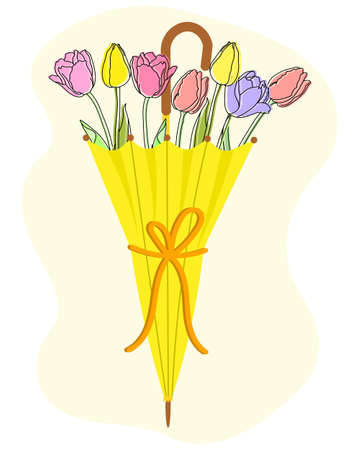 Spring illustration, colorful tulips in a yellow umbrella. The concept of the beginning of spring. Postcard, poster, iconのイラスト素材