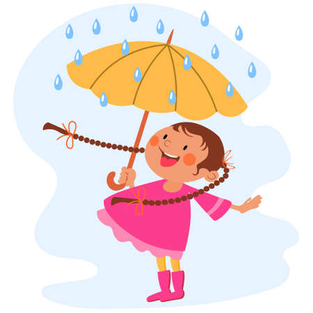 A little happy girl with an umbrella stands under the raindrops and laughs. Children's happiness illustration, children's print, vectorのイラスト素材