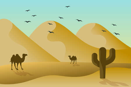 Landscape, desert with dunes, camels and cacti against a blue sky with birds. Illustration, poster, postcard, vectorのイラスト素材