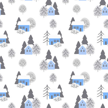 Seamless pattern, blue houses, trees and firs in doodle style on a white background. Print for children, textiles, decor for pastel linenのイラスト素材