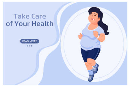 Banner, a plump girl in a tracksuit and sneakers goes in for sports, running. Modern healthcare concept. Illustration, vector.のイラスト素材