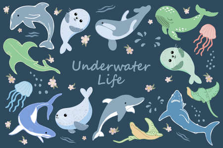 Sea animals set, cute baby whales, sharks, rays and jellyfish on a blue background with flowers and bubbles. Icons, print for children, decor elementsのイラスト素材