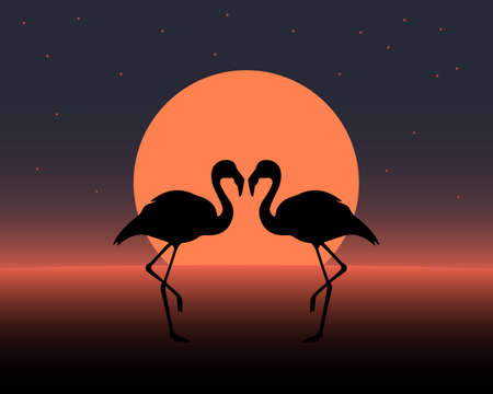 Illustration drawn silhouettes of flamingo birds on the background of the sunset with the moon. Print, postcard, poster, wall artのイラスト素材