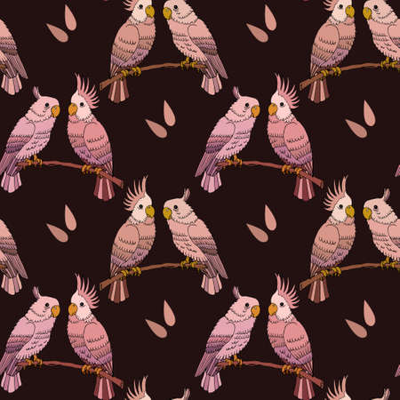 Seamless pattern, drawn colorful birds parrots of beige-pink shades on a brown background. Print, textile, wallpaper. decor for pastel linen.のイラスト素材