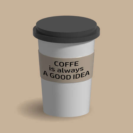 3d illustration, realistic plastic cup with coffee with an inscription, design in beige colors. Icon, clip art, vectorのイラスト素材