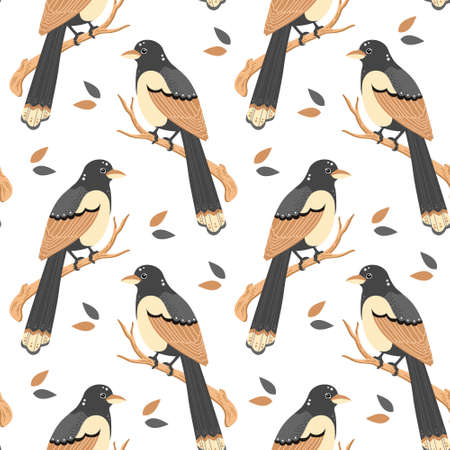 Seamless pattern, drawn colorful magpie birds and leaves on a white background. Gray-beige colors.Print, textiles, wallpapers, pastel decorのイラスト素材