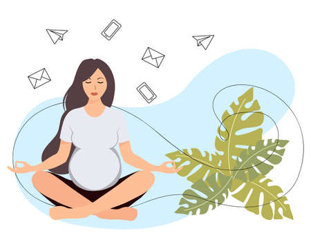 Yoga illustration. Young pregnant woman meditating in yoga pose on abstract background with tropical leaves. Illustration, vectorのイラスト素材
