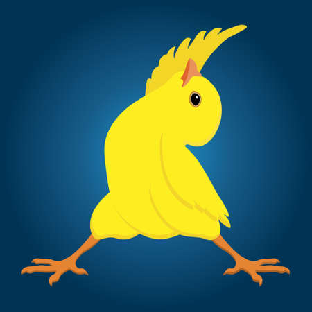 Illustration, cute yellow chick in gymnastic pose, chick in yoga pose. Blue background. Cartoon illustration, clip art, children's print, holiday decorのイラスト素材