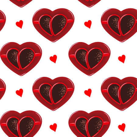 Seamless pattern, coffee for lovers, heart-shaped red coffee cups on a red heart saucer. Realistic design, textile, print, vectorのイラスト素材