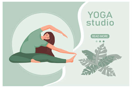 Banner Yoga Studio. Young pregnant woman in yoga pose on abstract background with tropical leaves. Green colors. Illustration, vectorのイラスト素材