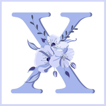 Letter X decorated with flowers and leaves, delicate lilac colors. Illustration, icon, design for wedding invitation, decorのイラスト素材