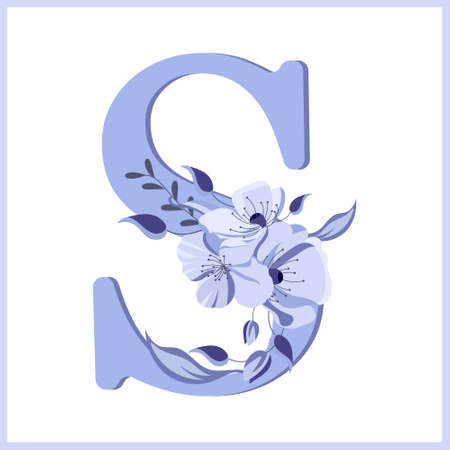 Letter S decorated with flowers and leaves, delicate lilac colors. Illustration, icon, design for wedding invitation, decorのイラスト素材