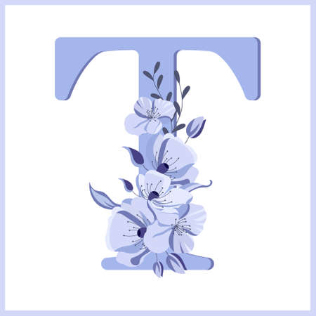 Letter T decorated with flowers and leaves, delicate lilac colors. Illustration, icon, design for wedding invitation, decorのイラスト素材