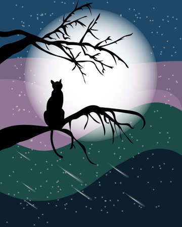 Illustration, night landscape, silhouette of a black cat on a tree branch and the moon on an abstract starry background. Poster, wallpaper, vectorのイラスト素材