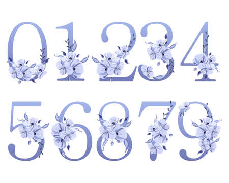 A set of numbers decorated with flower bouquets. Numbers with flowers in purple tones. Festive design, icons, decor elements for cards and invitationsのイラスト素材